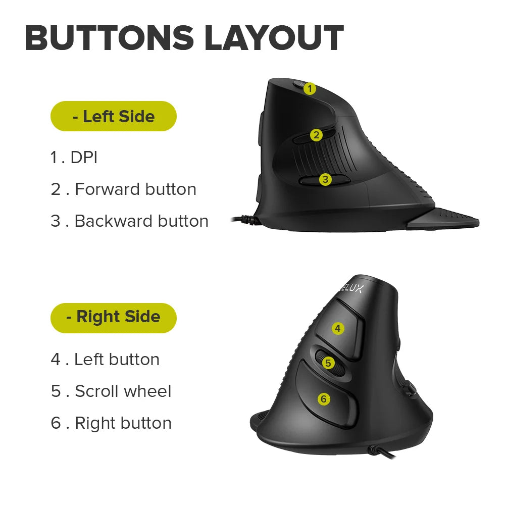 Delux M618 BU Ergonomic Vertical Mouse - 6 Buttons, Adjustable DPI, Right-Handed with Wrist Mat