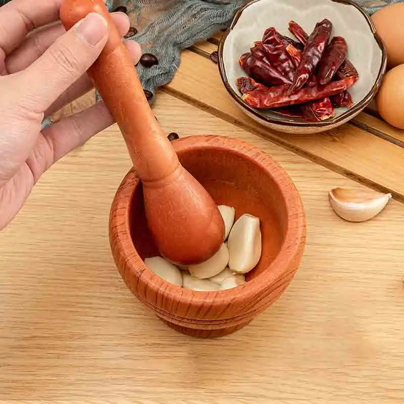 Manual Garlic Press Mortar and Pestle - Stone Grinding Bowl with Wooden Pestle