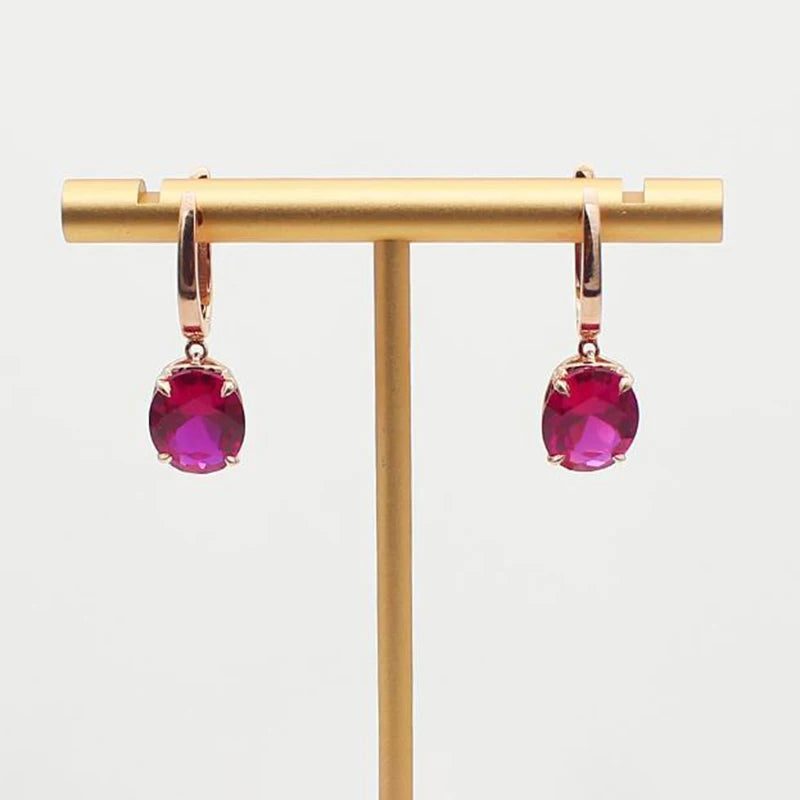 585 purple gold plated 14k rose gold inlaid oval pink gemstone earrings for women light luxury charm simple engagement jewelry