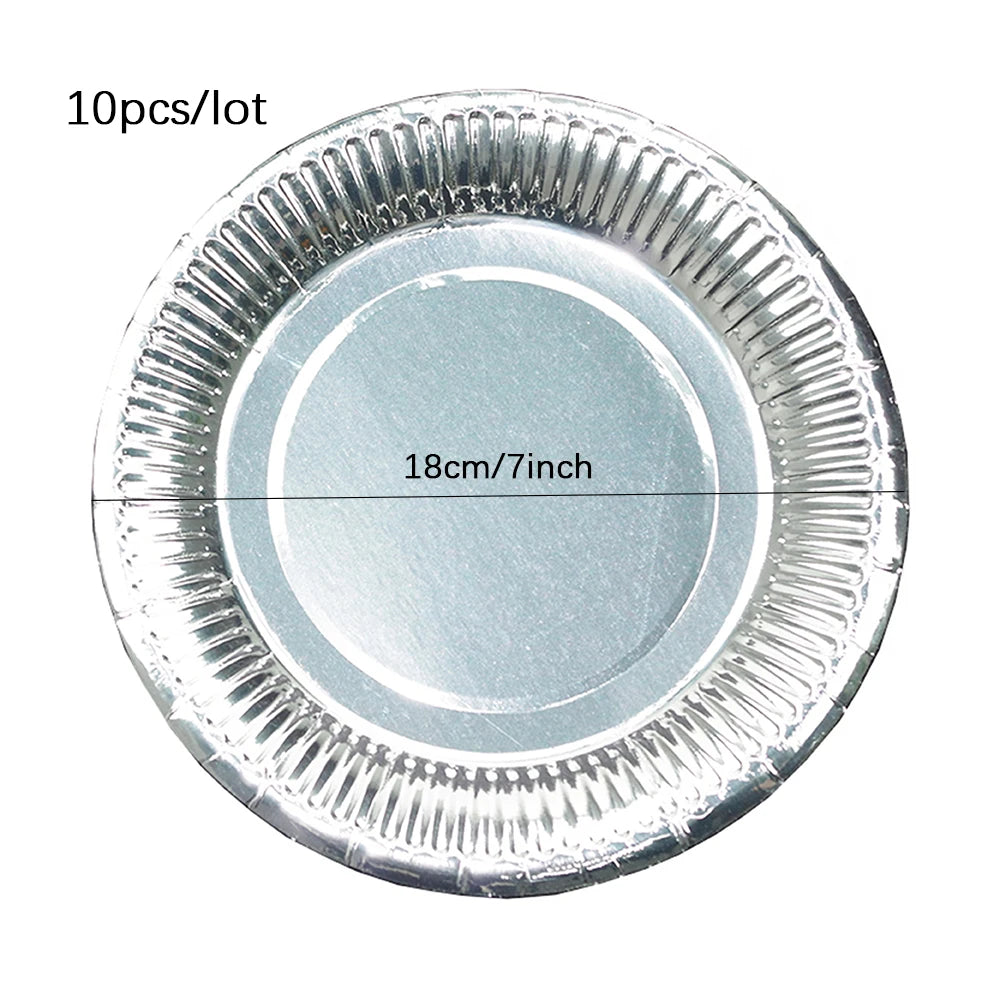 Laser Disposable Tableware Sets Silver Party Paper Cups Paper Plates Straw Party Tableware Wedding Decor Birthday Party Supplies