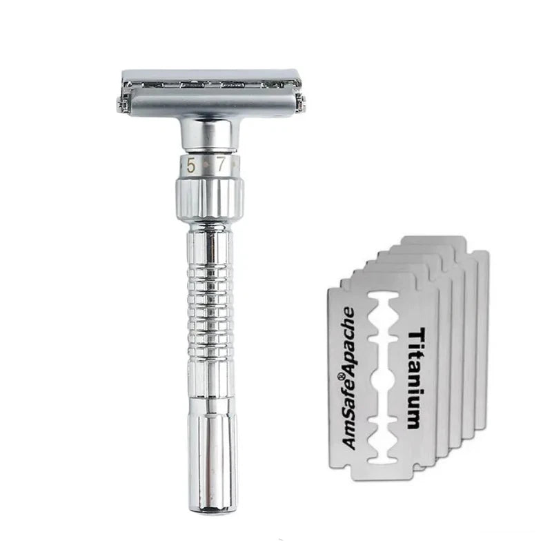 Adjustable Safety Razor Double Edge Classic Mens Shaving Hair Removal Shaver it with 5 PCS Titanium Coated Blades Shaver