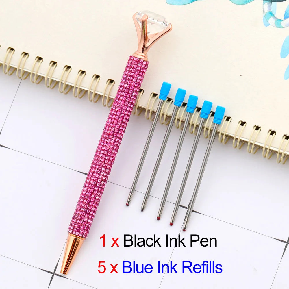 Lytwtw's Luxury Gold Ballpoint Pen Big Diamond Wedding Rose,Metal Stationery School Supplies  1 PCS Pen +5 PCS Refills