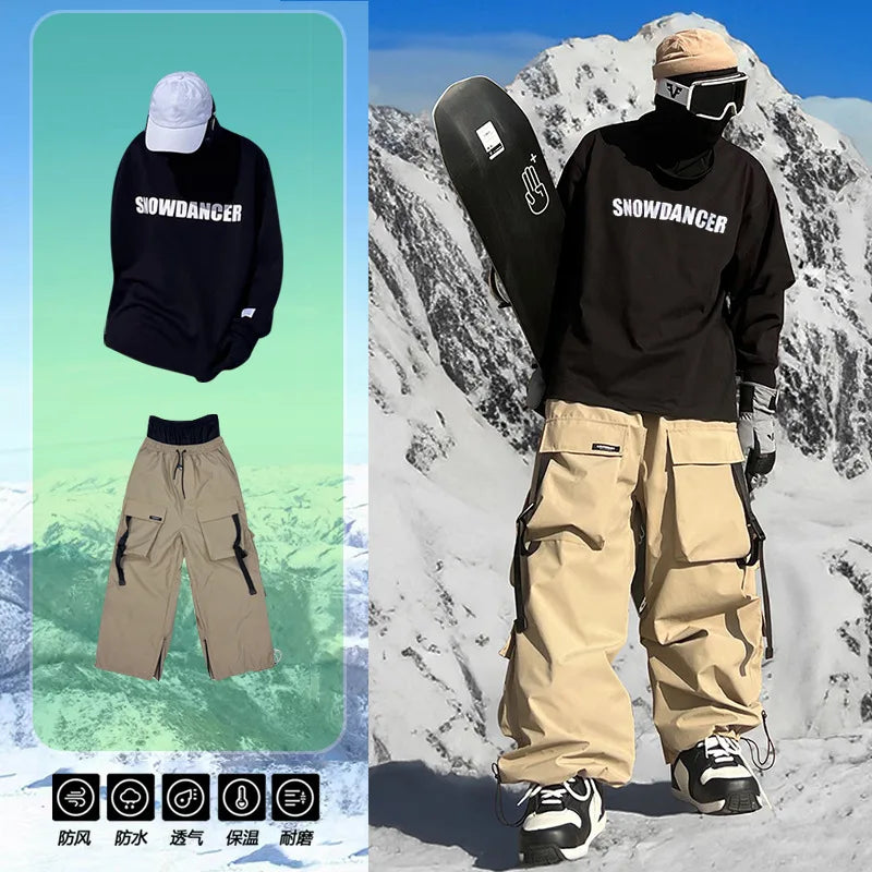 Ski Suit Multi Pocket Outdoor Ski Set Single Board Waterproof Thickened Warm Snow Pants for Men and Women