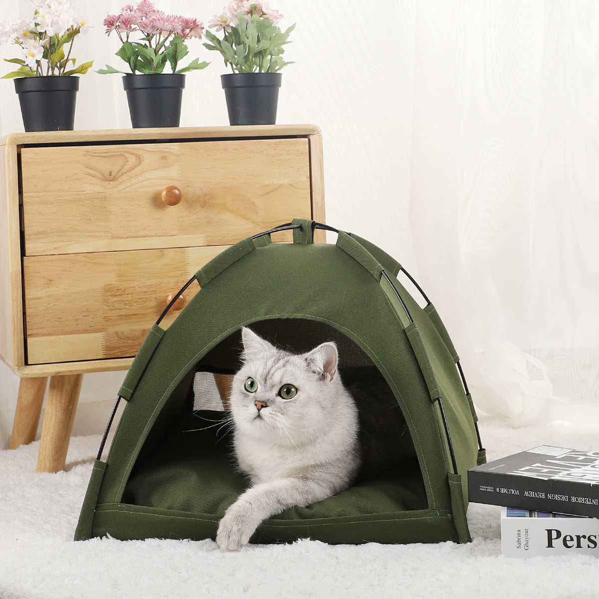 Premium Pet Tent Bed - Warm Clamshell Cat House with Cushion