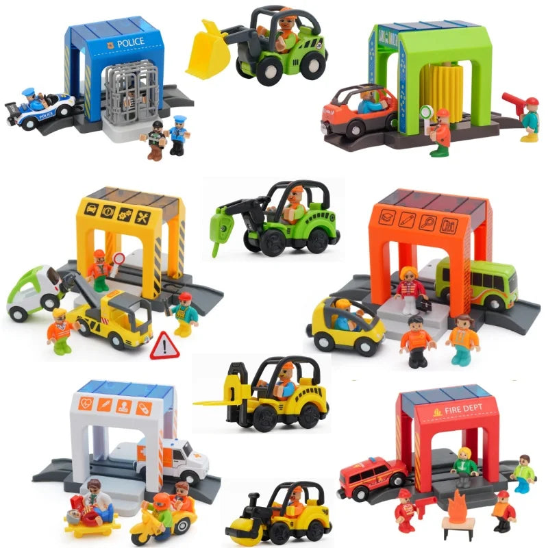 Wooden Train Track Plastic car wash Police Office Fire Department Scene Simulation Play Wooden Railway Track Car toys