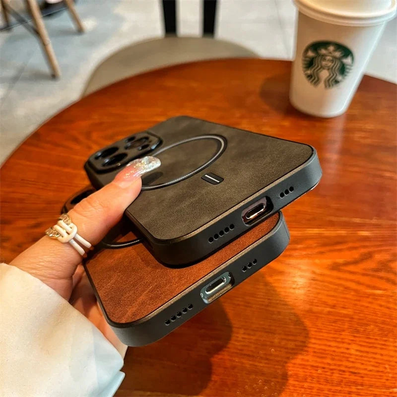 Premium Magnetic Leather iPhone Case - MagSafe Wireless Charging Compatible