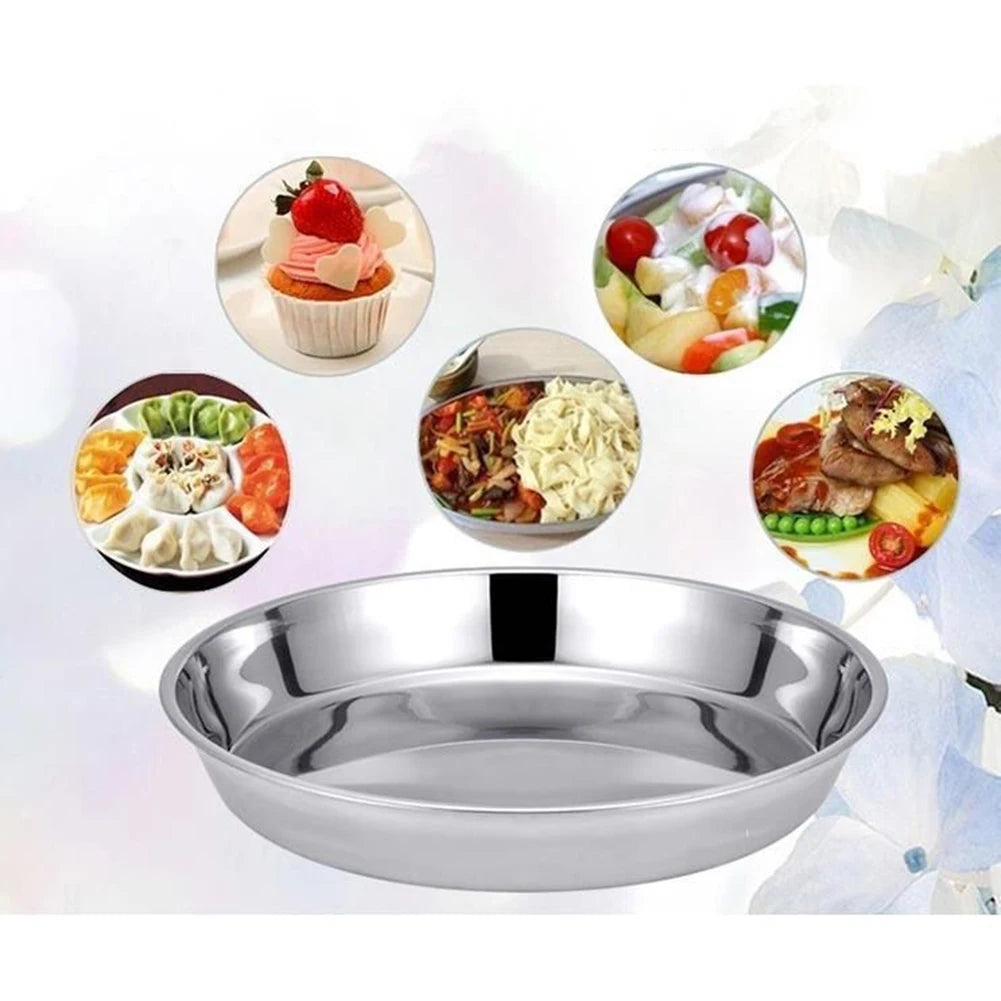 Stainless Steel Round Tray Metal Dining Disc Cake Tray Flat Bottom Plate BBQ Plate Fruit Meat Serving Dishes Kitchen Tableware ﻿