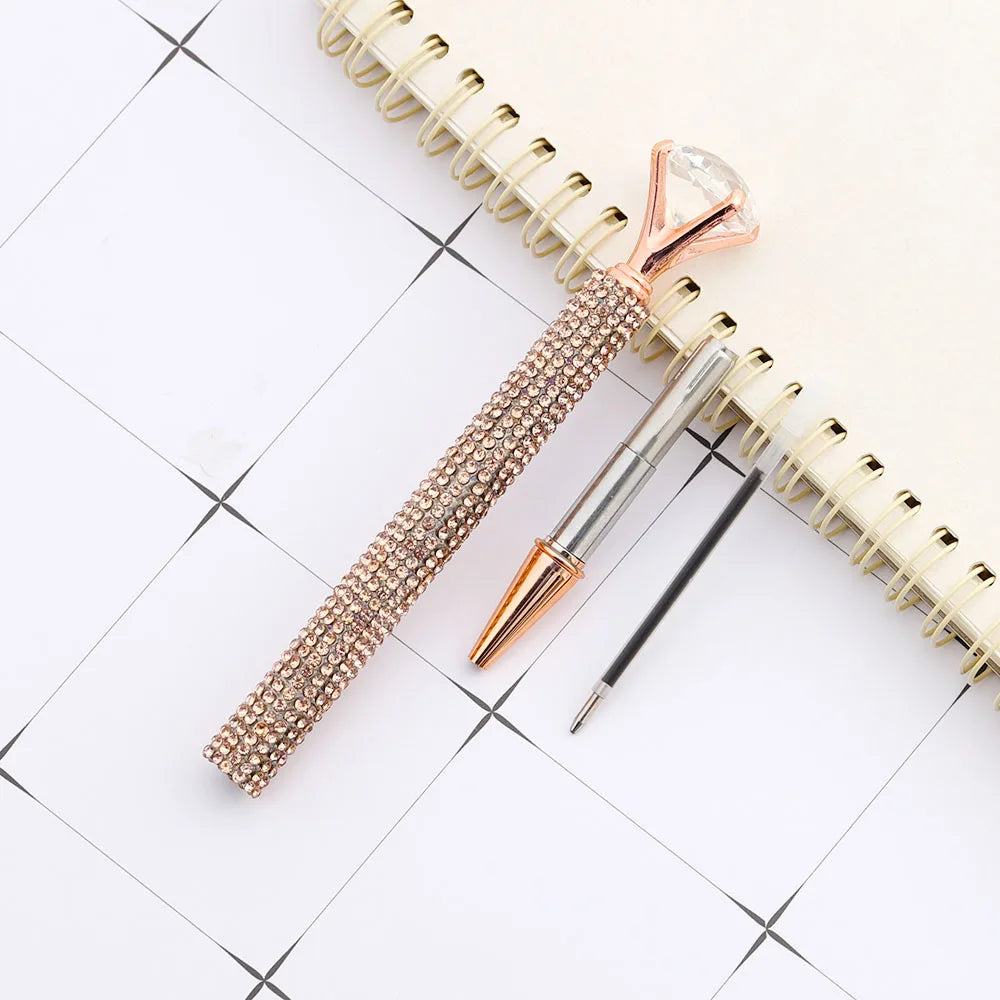 Lytwtw's Luxury Gold Ballpoint Pen Big Diamond Wedding Rose,Metal Stationery School Supplies  1 PCS Pen +5 PCS Refills
