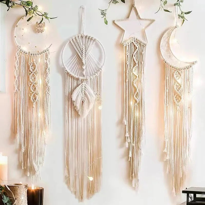 Handmade Woven Hanging Dream Catcher with Lamp Bohemian Party Home Decoration Apartment Dormitory Wall Door Wind Chime Decor