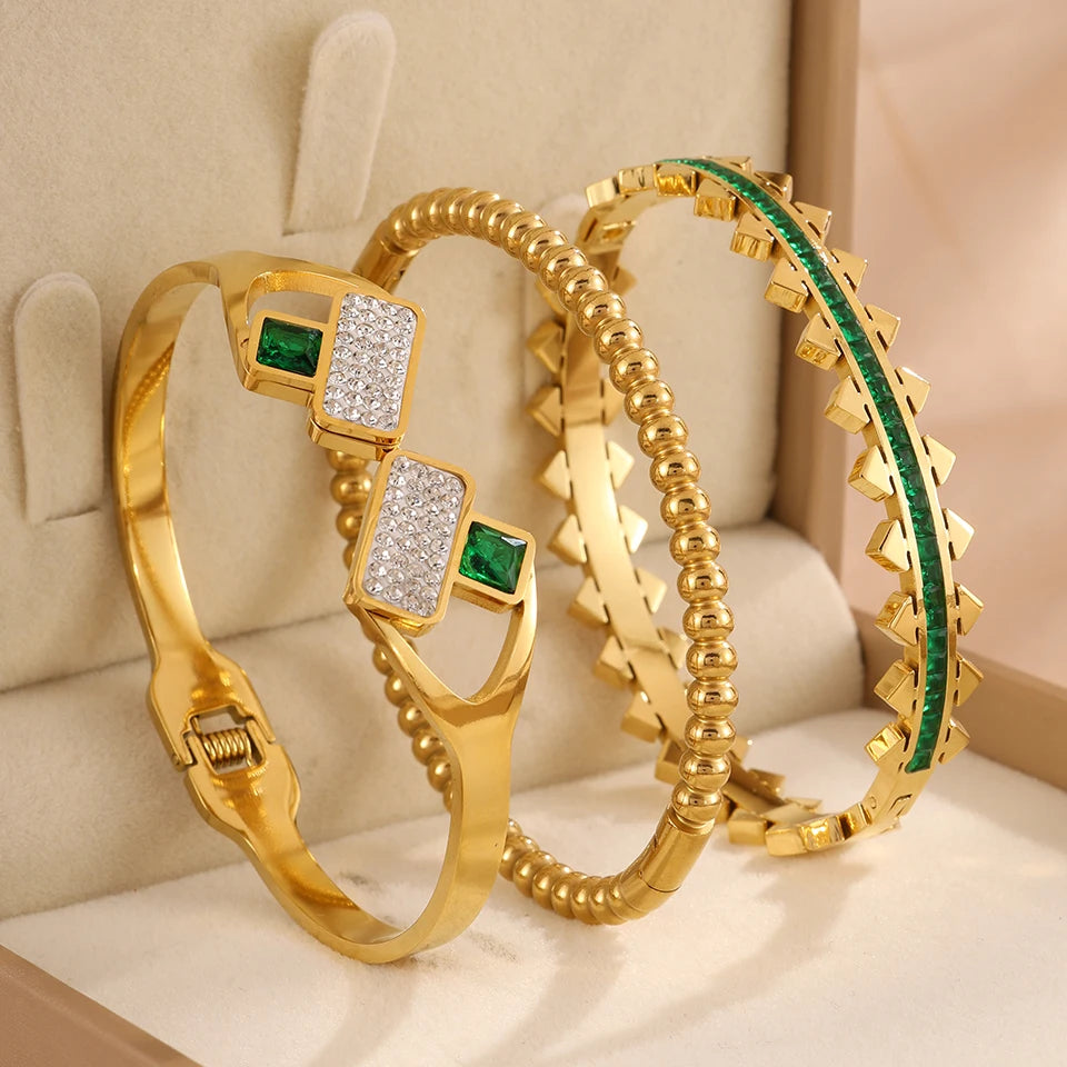 Yupsk 3Pcs/Set 316L Stainless Steel Green Zircon Inlaid Bracelets for Women Fashion Versatile Jewelry for Every Occasions