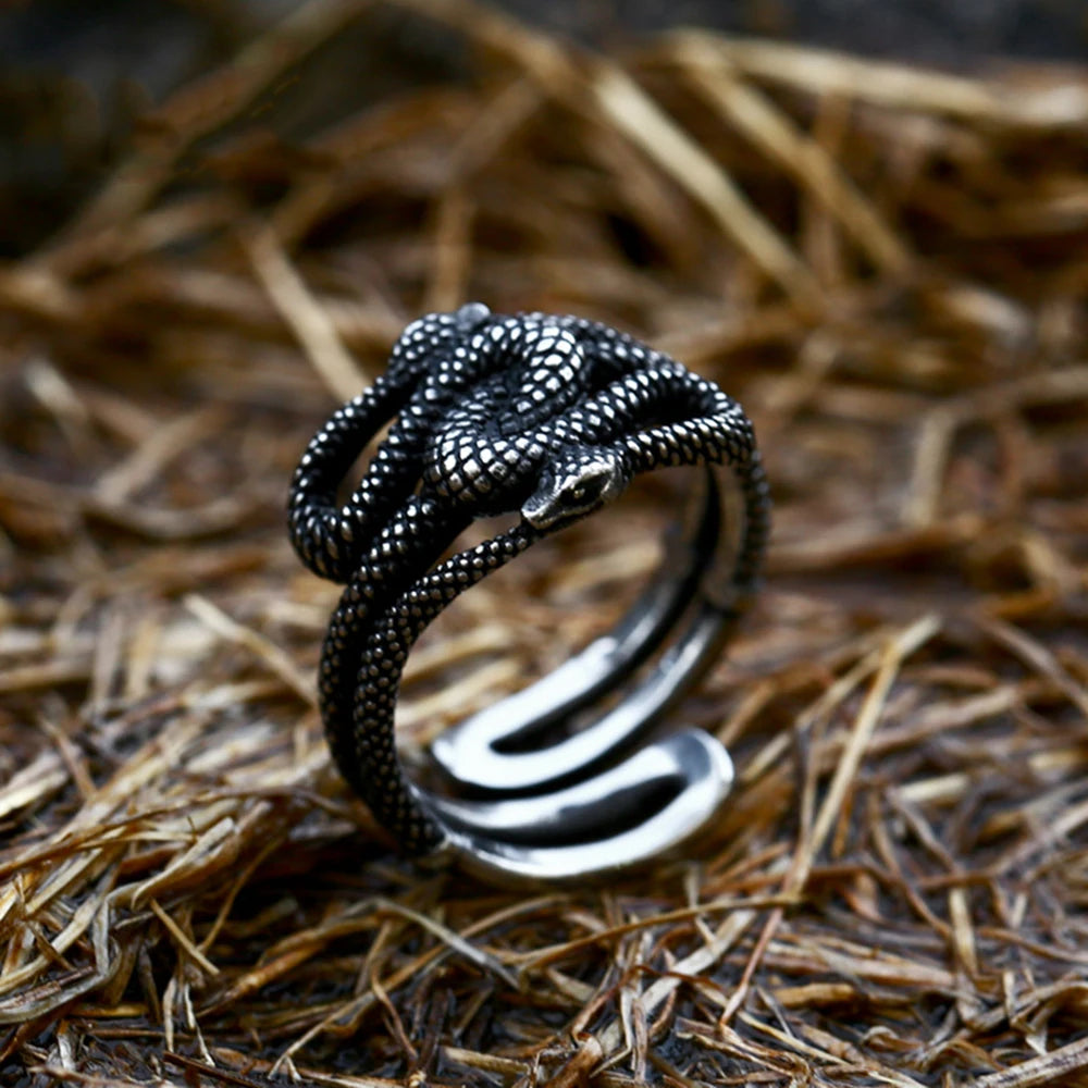 Punk Norse Mythology Jormungand Snake Ring Men Women Opening Stainless Steel Ouroboros Viking Male Retro Icelandic Jewelry Gifts