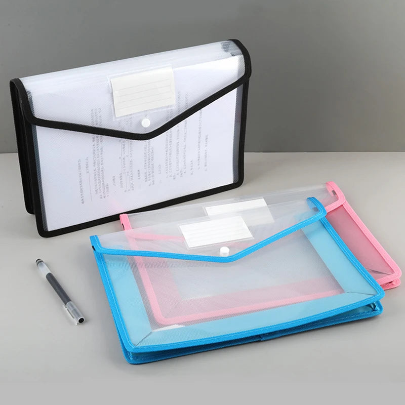 Large Capacity Waterproof File Transparent A4 Folder Press Button Plastic Data Document Bag Pocket Storage Office Supplies