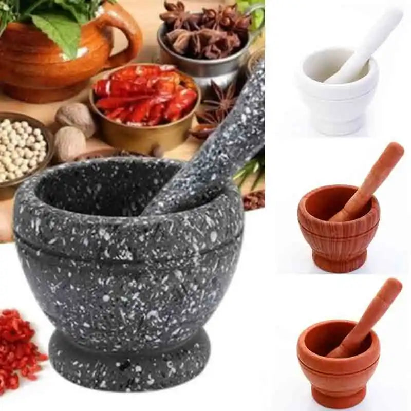 Manual Garlic Press Mortar and Pestle - Stone Grinding Bowl with Wooden Pestle