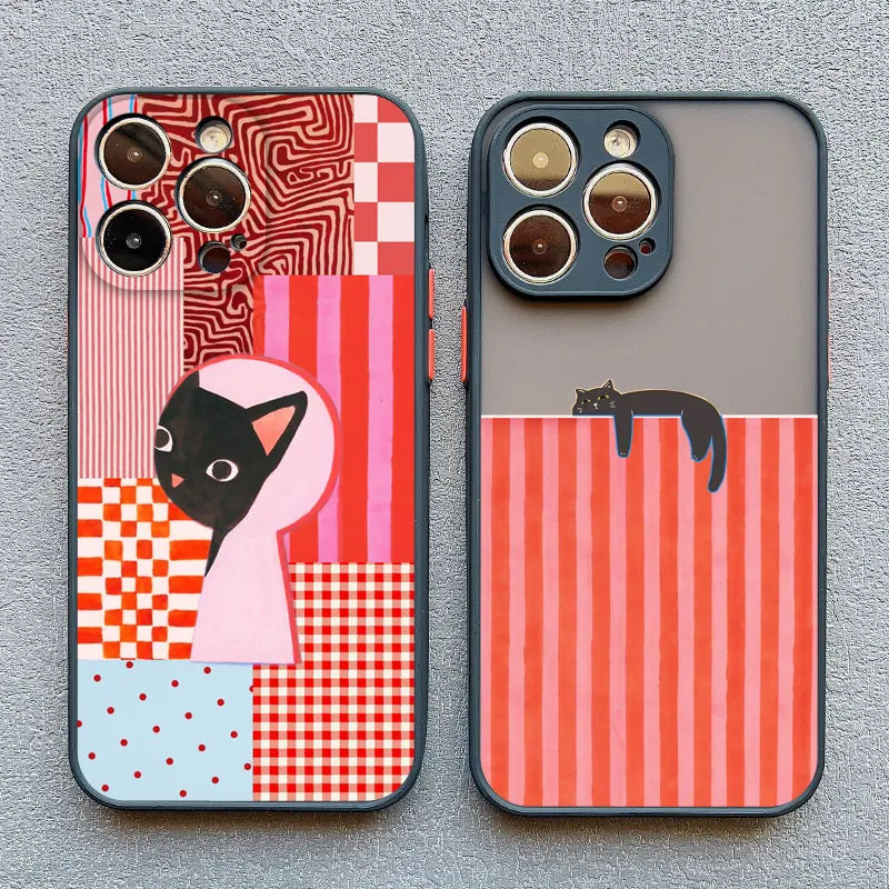 Artistic Black Cat Striped Pattern Phone Case For iPhone 15 14 Pro Max Plus 16 13 12 Mini 11 Pro Max XS X XR 17 Pro Max Covers