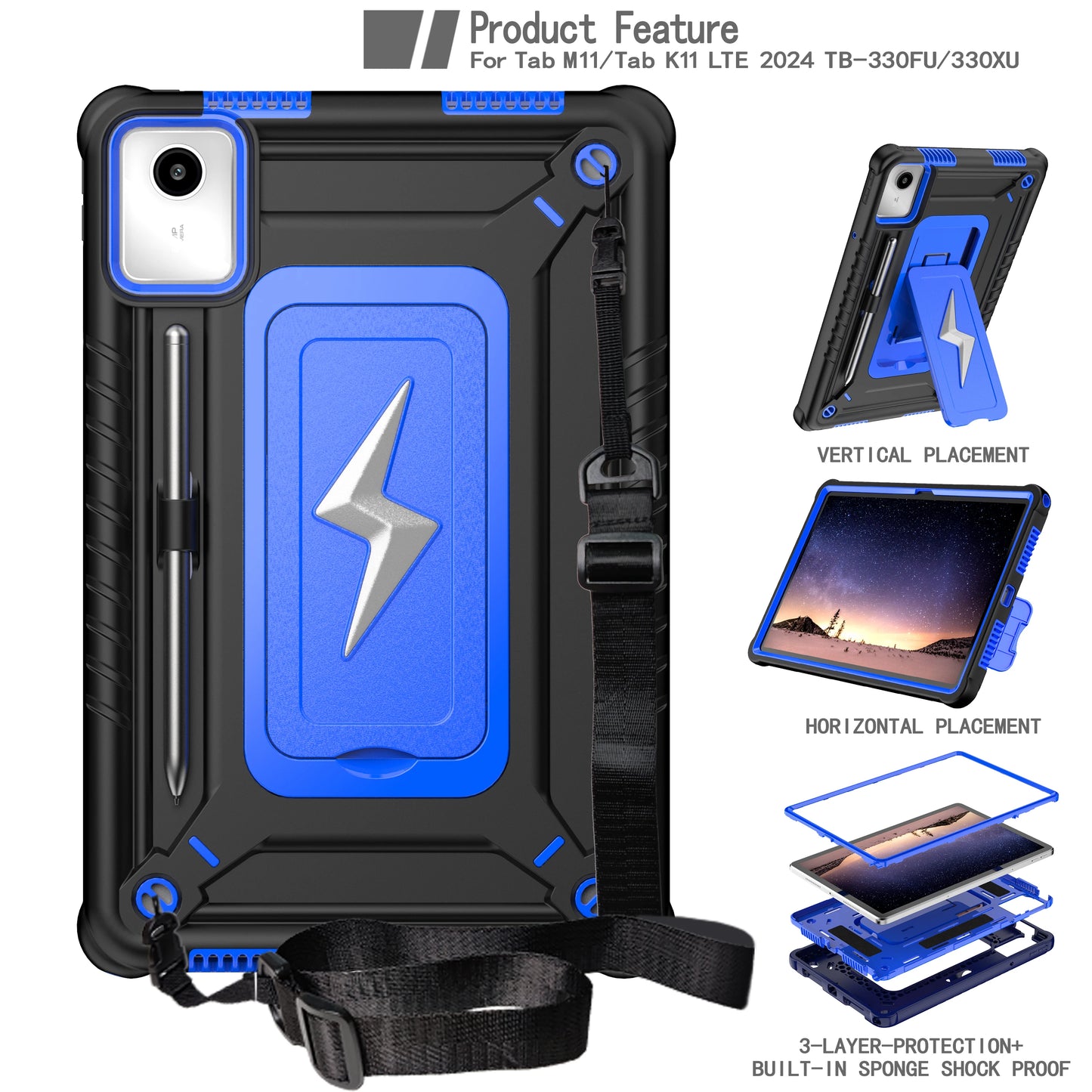 For Lenovo Tab M11 Xiaoxin Pad 2024 11" TB331FC 330FU  Kids Shockproof Tablet Protector Case  With Shoulder Strap and Kickstand