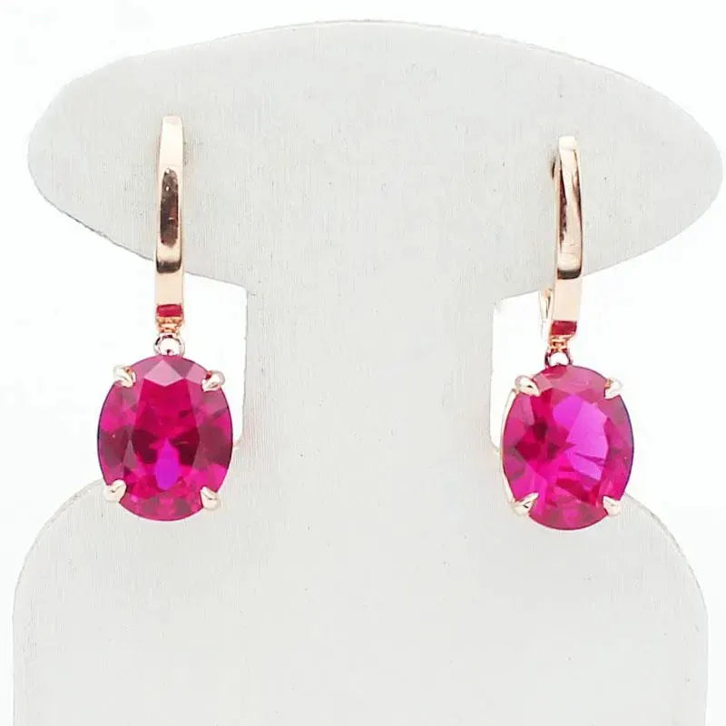 585 purple gold plated 14k rose gold inlaid oval pink gemstone earrings for women light luxury charm simple engagement jewelry