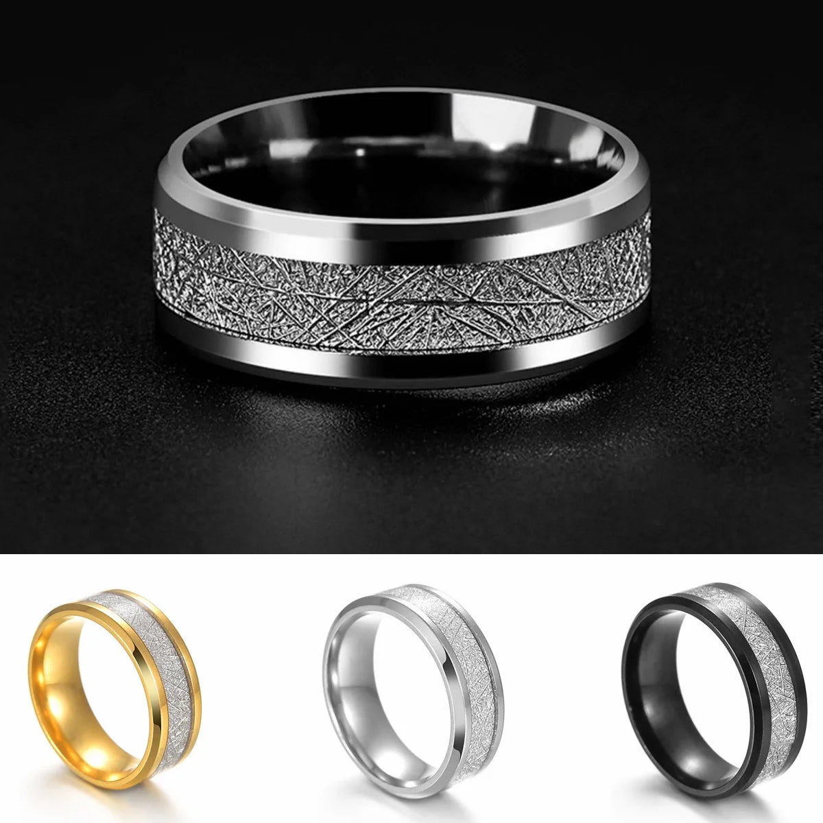 Premium 8mm Tungsten Carbide Ring - Stainless Steel Meteorite Wedding Band