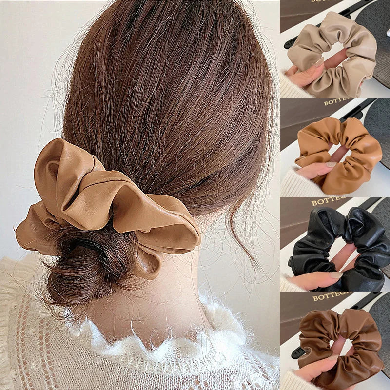 Solid color PU Leather Large Intestine Hair Rope for Woman elegant Does Not Hurt The Hair Hair Ties Fashion Girl High Ponytail S