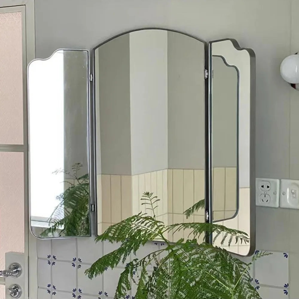Retro Luxury Triple Fold Mirror 80x60 Wall Decoration Nordic Bathroom Makeup Mirrors 90x60 Stainless Steel Frame Home Decor