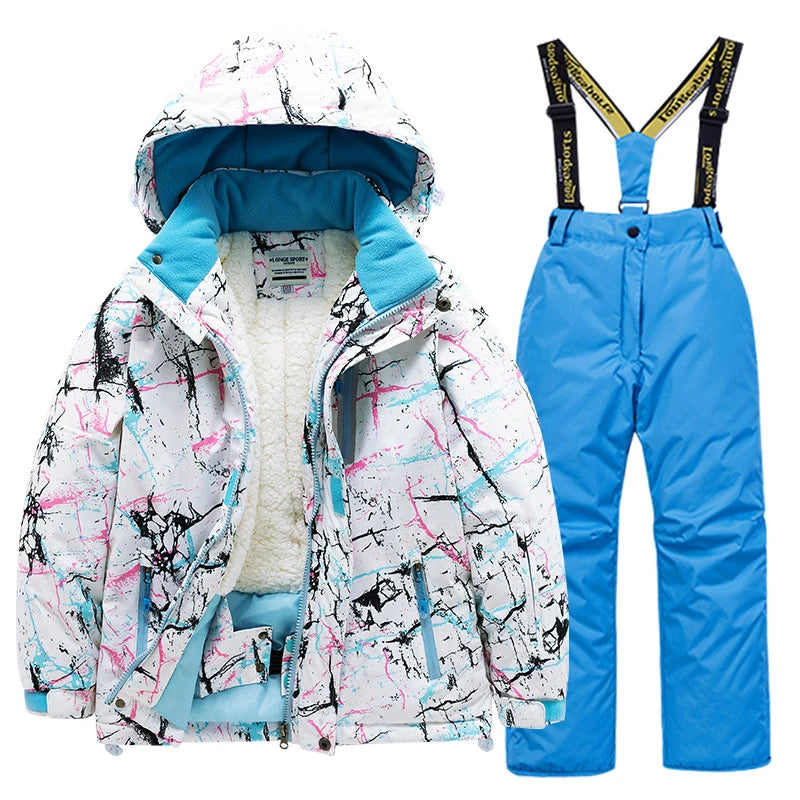Children's skiing suit for boys and girls, thick, warm, waterproof, windproof outdoor skiing clothes and pants, all equipped