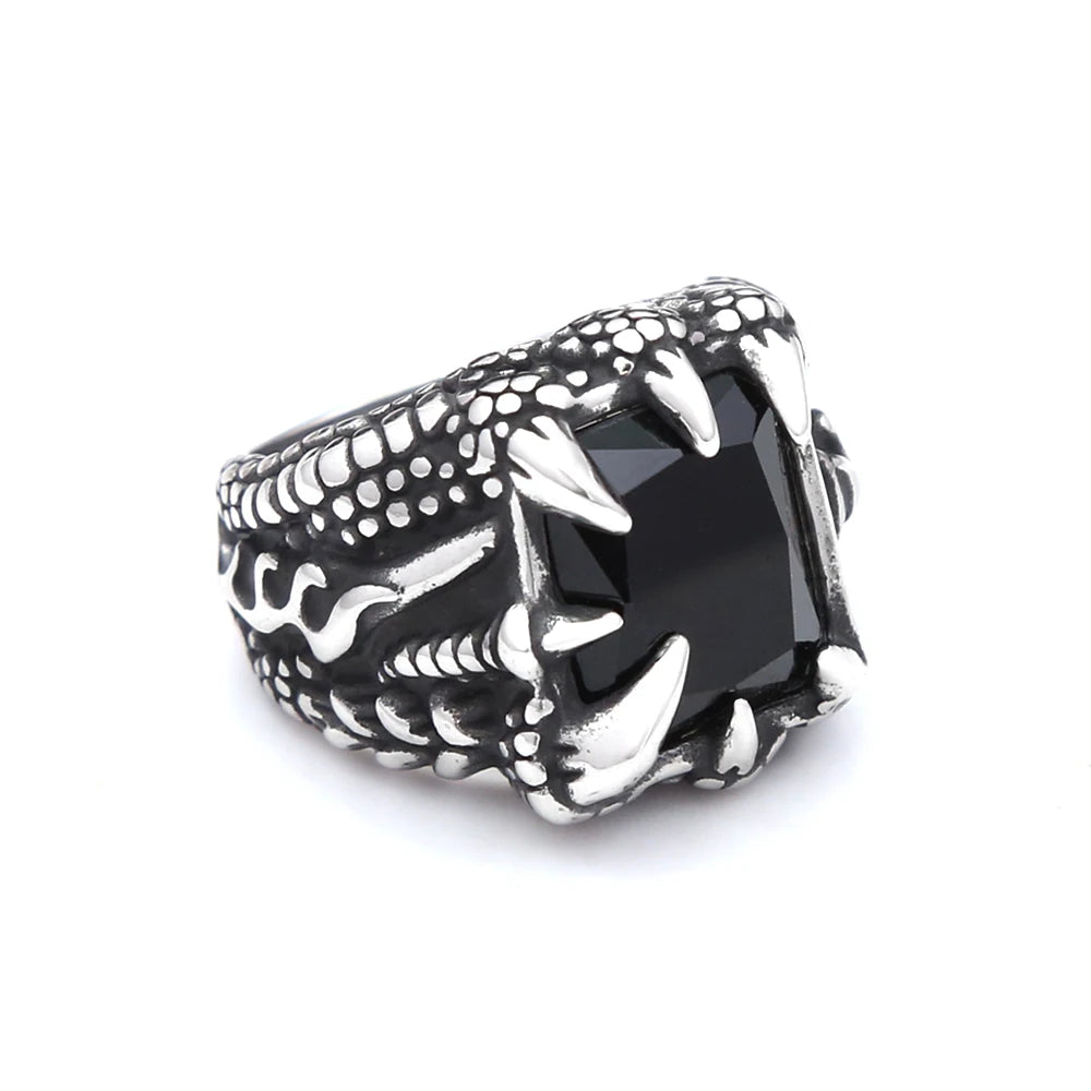 Gothic Dragon Claw Ring - Vintage Stainless Steel Black Stone Statement Ring