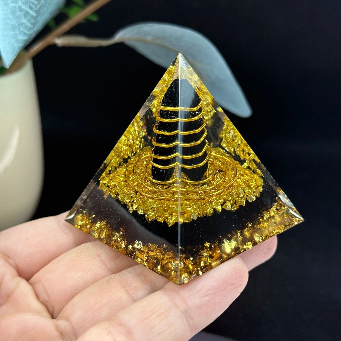 1pc Orgone Pyramid, The Obsidian Ogan Pyramid is handcrafted from resin, metal shavings and obsidian, Home Desktop Ornaments