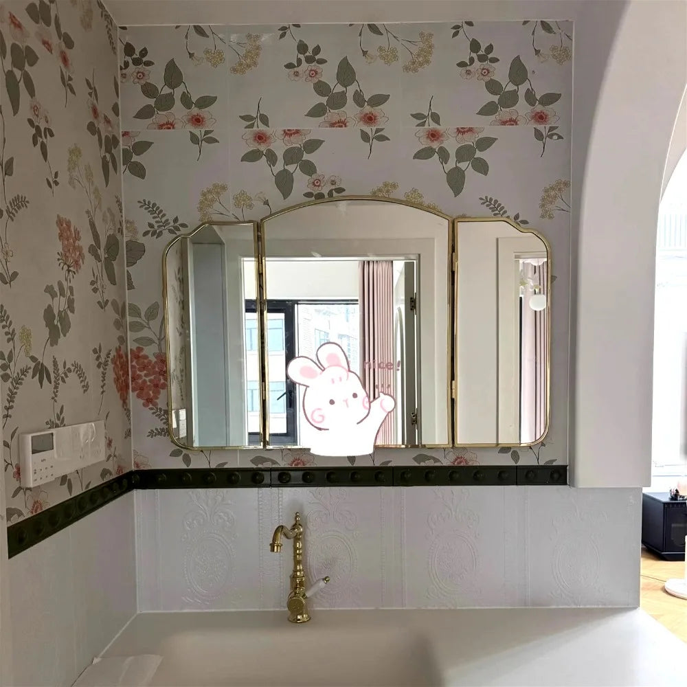 Retro Luxury Triple Fold Mirror 80x60 Wall Decoration Nordic Bathroom Makeup Mirrors 90x60 Stainless Steel Frame Home Decor