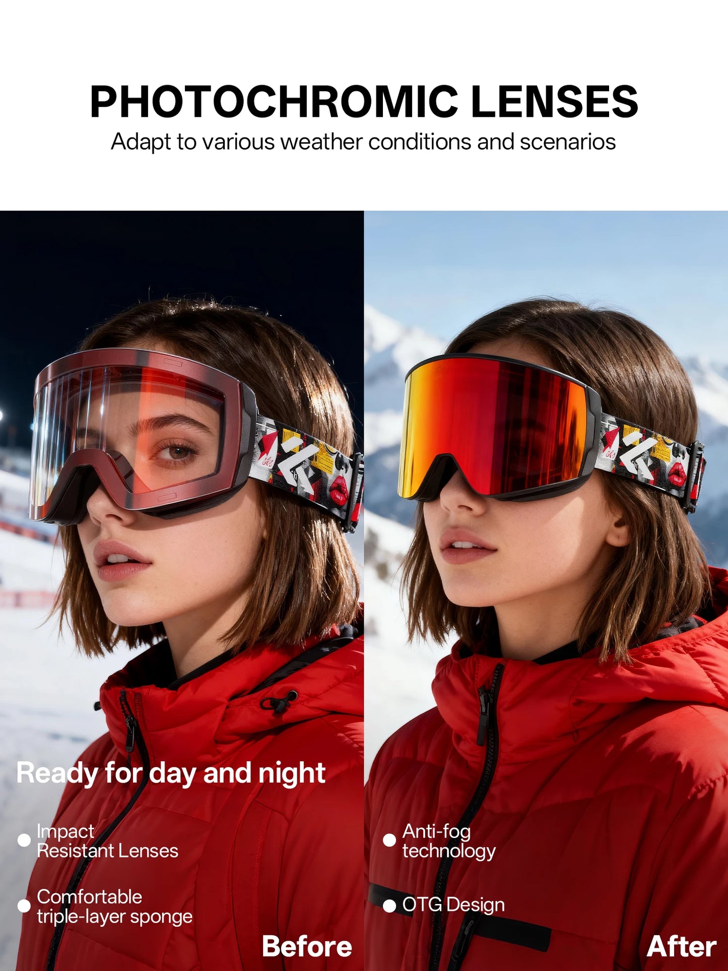KAPVOE Photochromic Skiing Glasses Anti-fog Winter  for Men Women Outdoor Sports Glasses Racing Backcountry Skiing Snow Eyewear