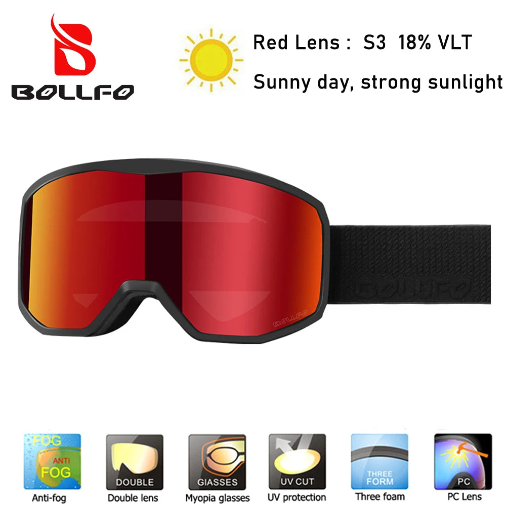 BOLLFO Ski Snowboard Goggles OTG Wide Vision Anti Fog UV Protection Snow Goggles for Men And Women Snowboarding Antiparras