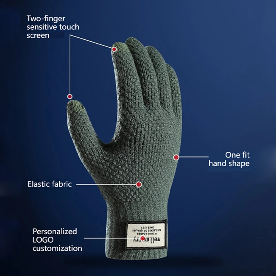 GTUBIKE Knit Thermal Men's Gloves Plus-Size Fleece Autumn Winter Soft Thick Elastic Jacquard Wool Touch Screen Warm Gloves