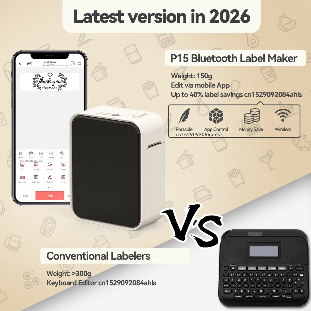 Marklife P15 Wireless Bluetooth Label Printer - Portable Thermal Sticker Maker