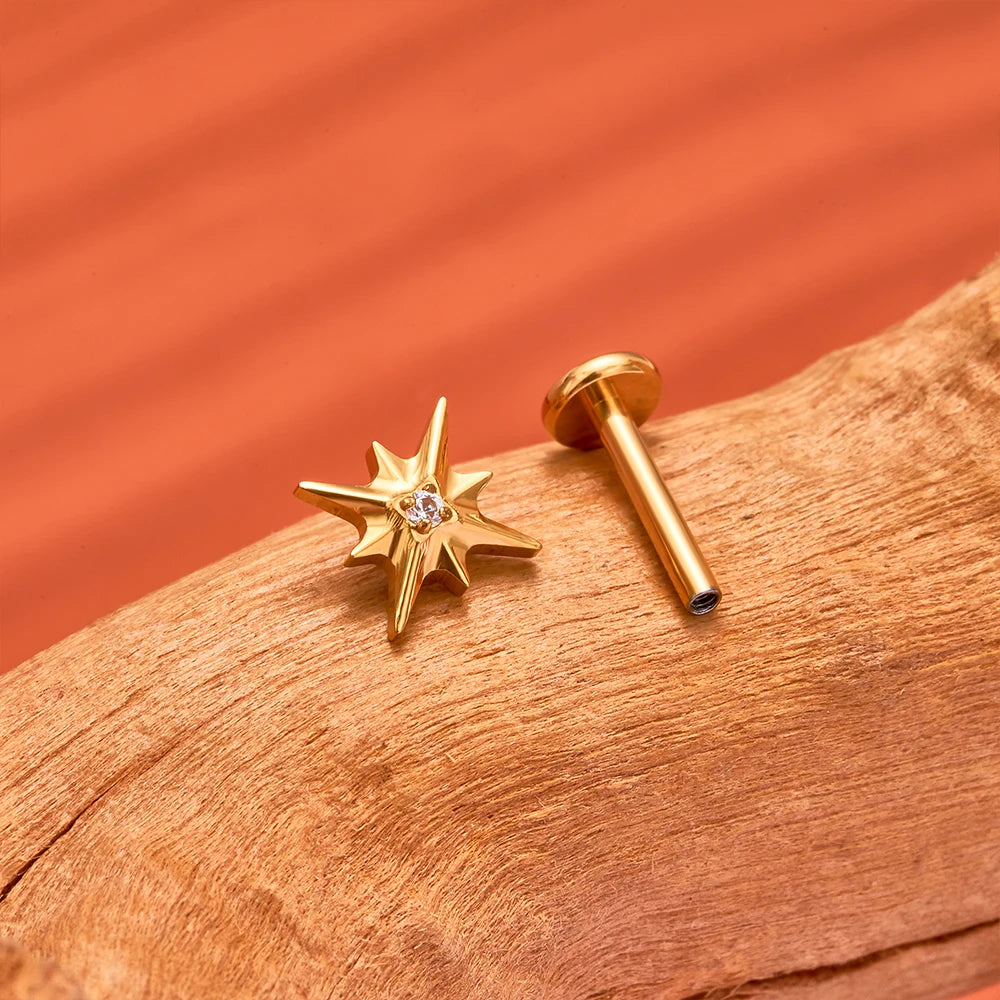 ASTM F136 Titanium 16G Sparkling CZ North Star Stud Earring Labret Cartilage Tragus Helix Conch Lobe Piercing