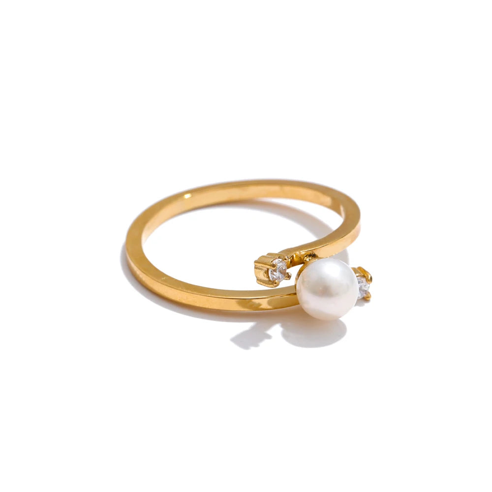 Yhpup 6789# Natural Pearl Chic Fashion Finger Ring 2025 Zirconia 18K Gold Color PVD Plated Stainless Steel Premium Jewelry Gift