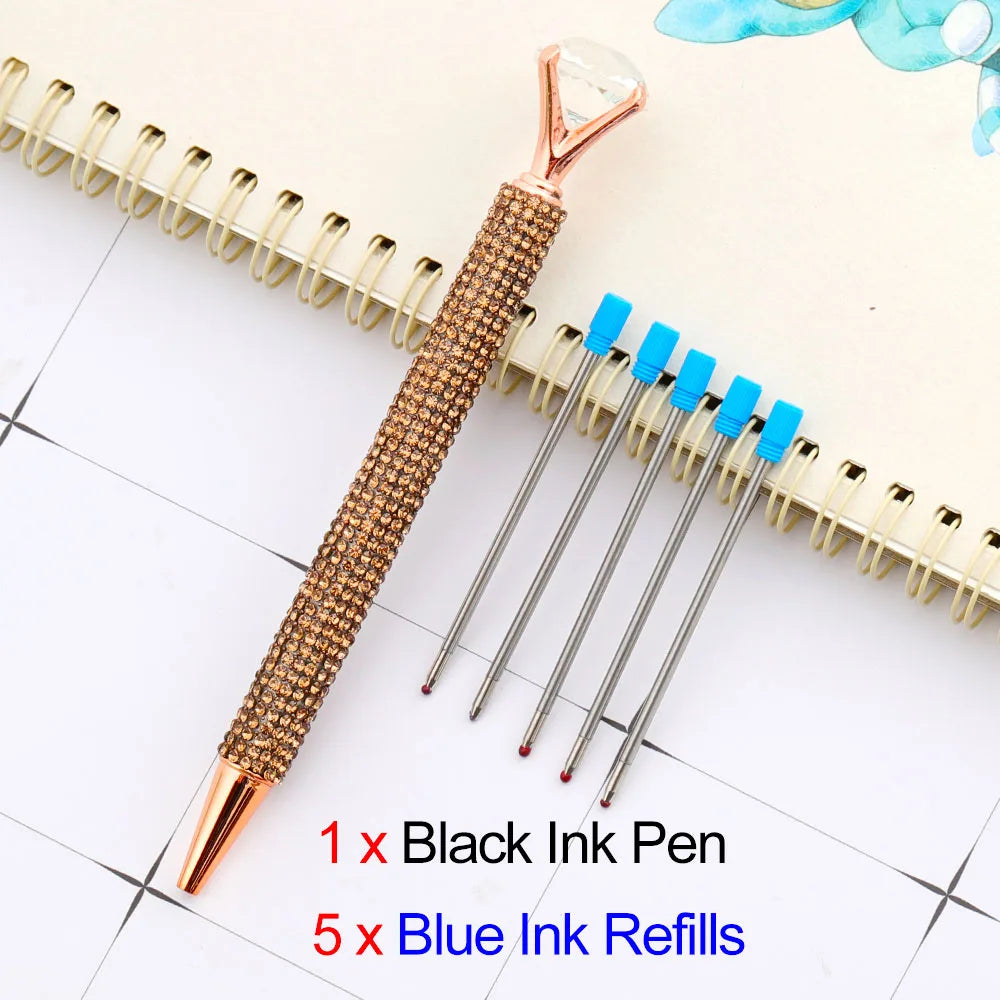 Lytwtw's Luxury Gold Ballpoint Pen Big Diamond Wedding Rose,Metal Stationery School Supplies  1 PCS Pen +5 PCS Refills