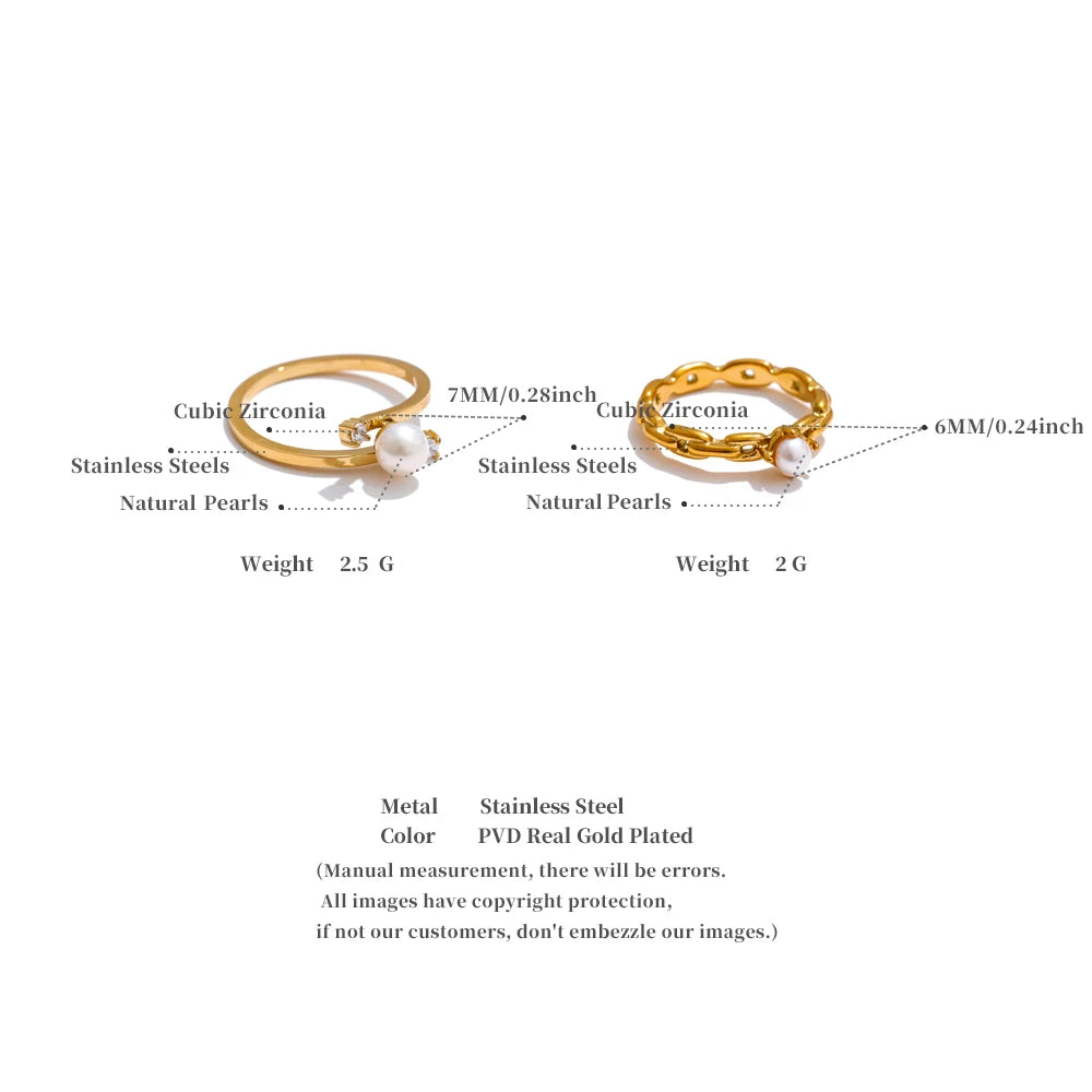 Yhpup 6789# Natural Pearl Chic Fashion Finger Ring 2025 Zirconia 18K Gold Color PVD Plated Stainless Steel Premium Jewelry Gift