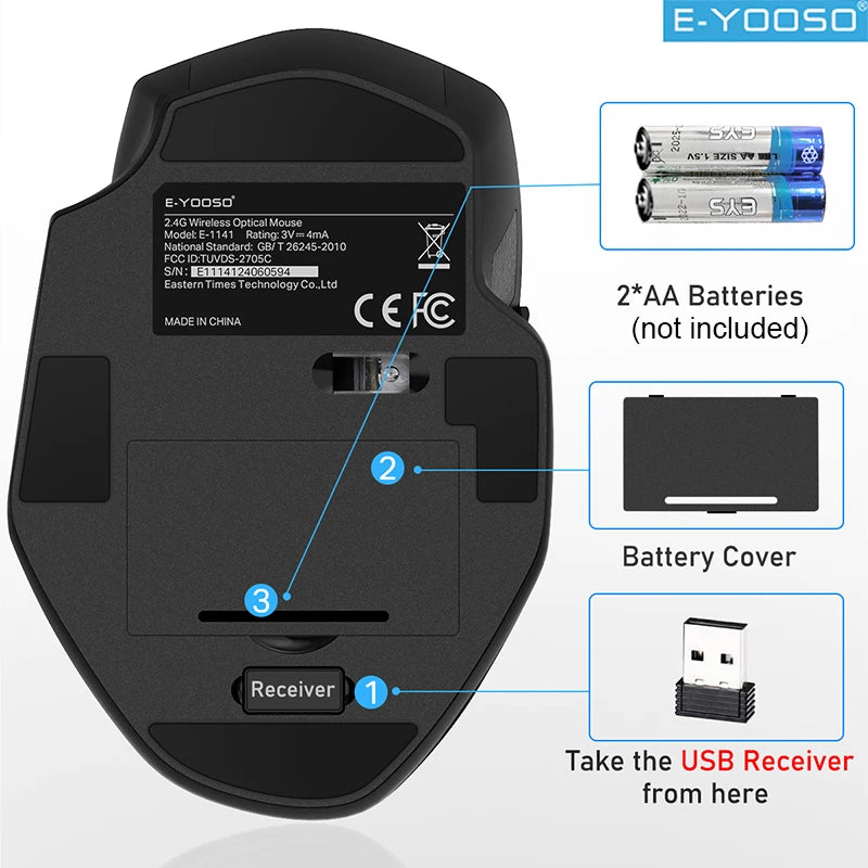 E-YOOSO 2.4G Wireless Mouse Portable Ergonomic Mouse Supports Power-saving Mode and Low Battery Reminder ,for Computer PC Laptop