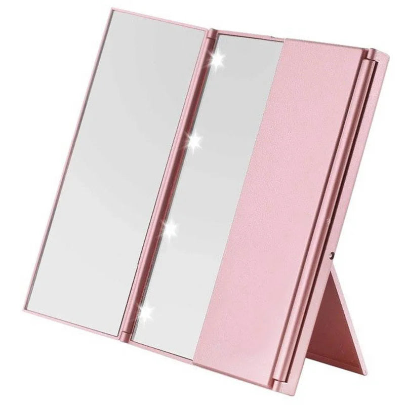 LED Tri-Fold Makeup Mirror - Portable Travel Vanity Mirror with Adjustable Stand