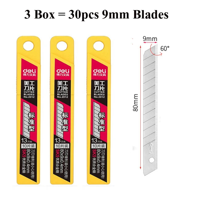 Deli Retractable Box Cutter 9mm 30 Degree Blade Utility Knife Carbon Steel Self-Locking Design Cutting Tools Wallpaper Carton