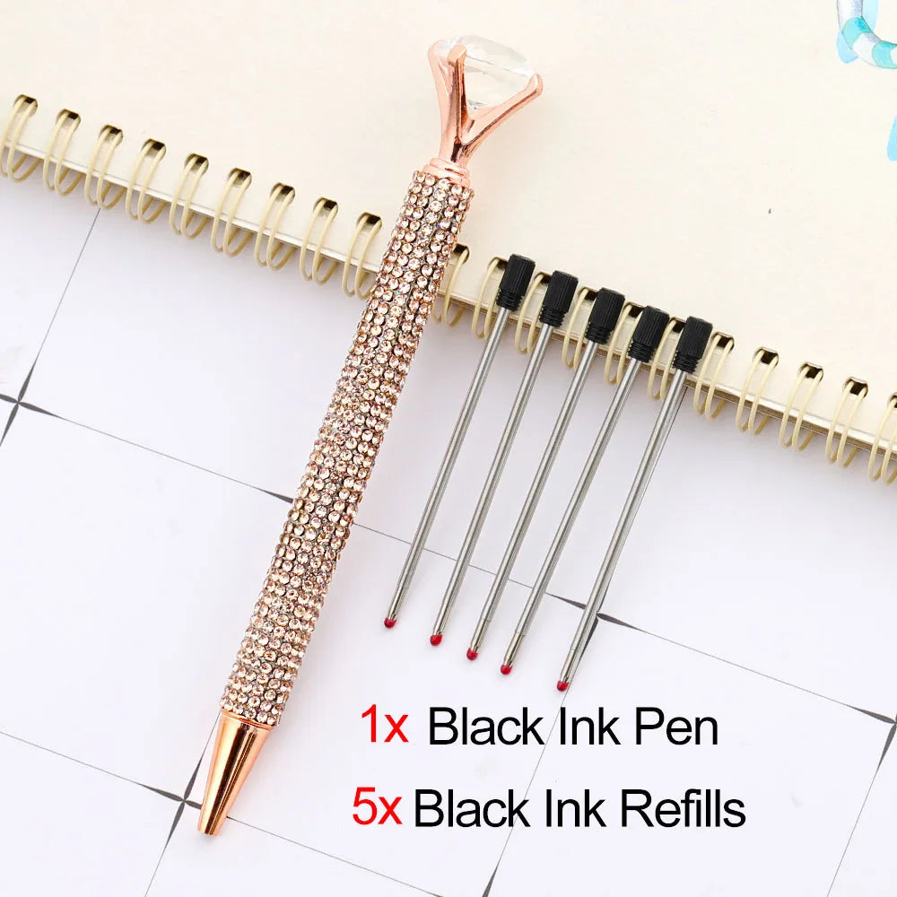 Lytwtw's Luxury Gold Ballpoint Pen Big Diamond Wedding Rose,Metal Stationery School Supplies  1 PCS Pen +5 PCS Refills