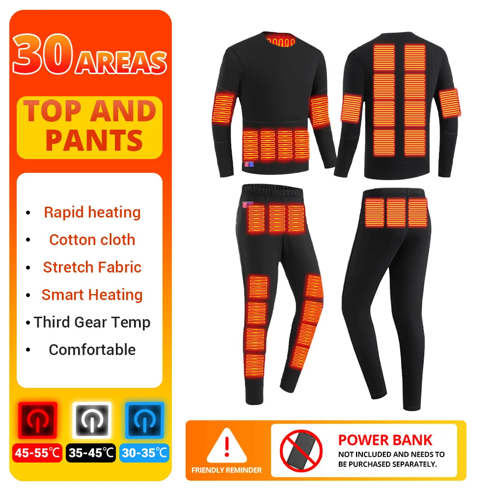 Winter Heated Thermal Underwear Skiwear Heated Jacket Fleece Warm Top Pants USB Electric Heating Clothing