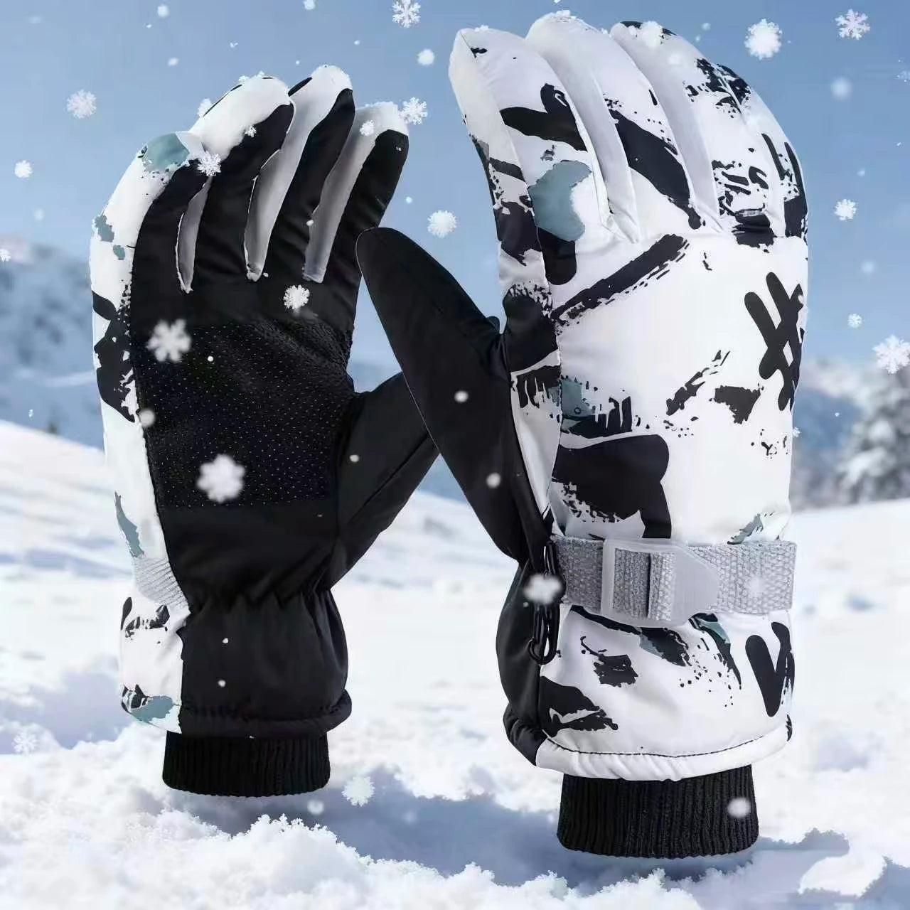 Ski Gloves Unisex Winter Fleece Warm Heating Gloves Waterproof PU Leather Non-slip Touch Screen Motorcycle Snow Sports Gloves