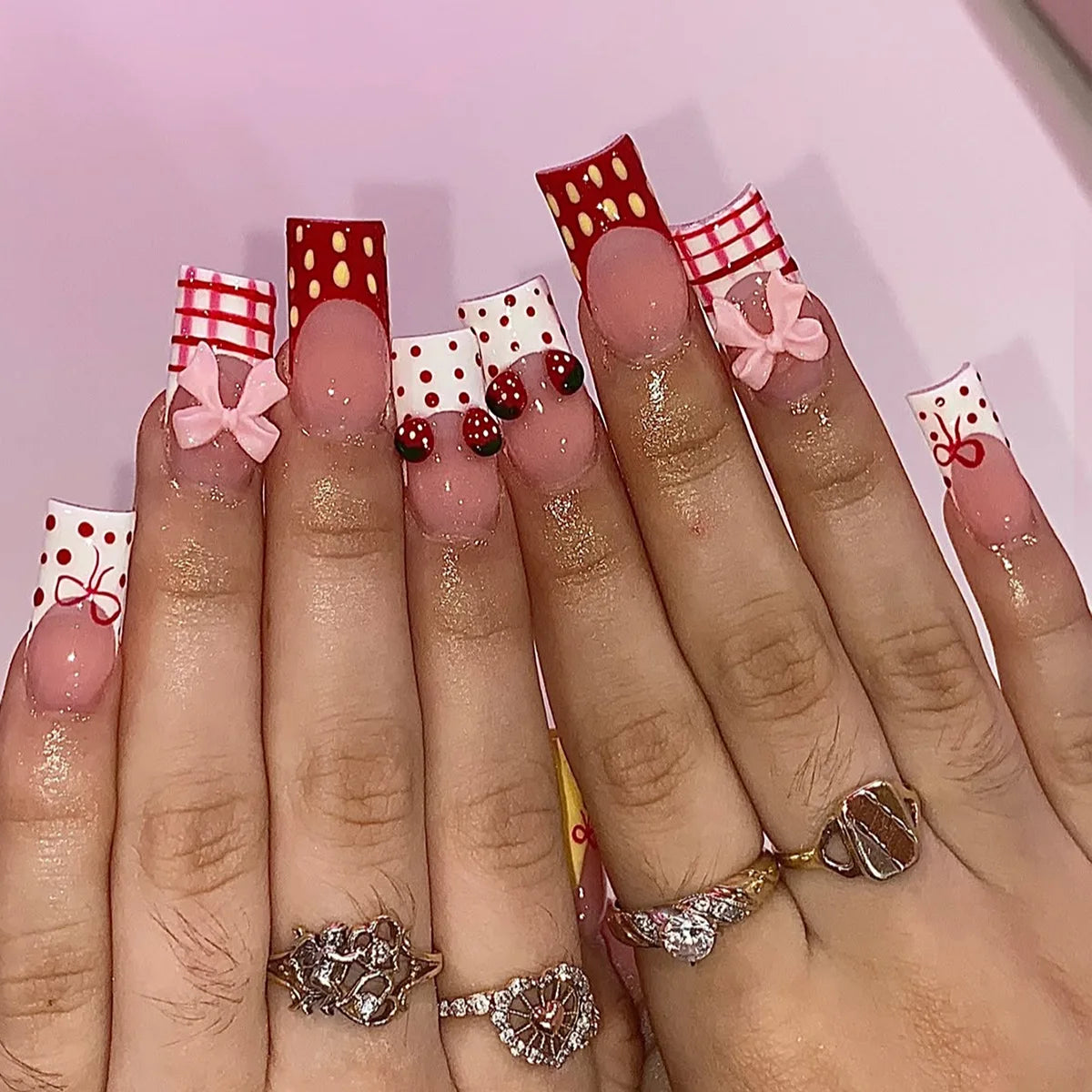 24pcs Y2K Sweet Stars Press On Nails Blue Brown Stripes French Style False Nails Wave Point Designs Autumn Vintage Fake Nail