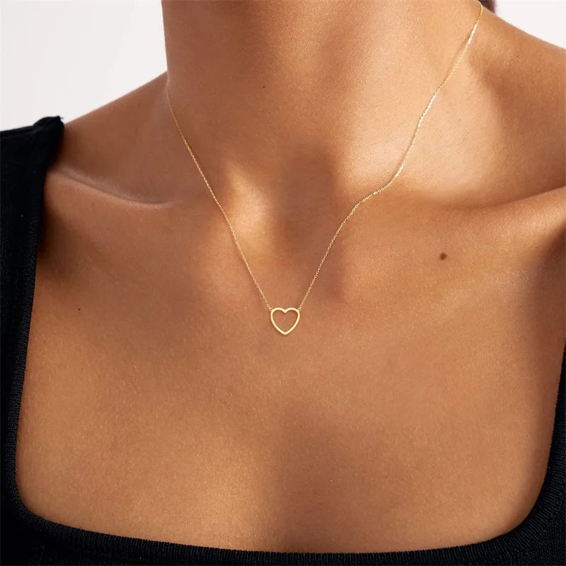 Stainless Steel Heart Pendant Necklace - Elegant Geometric Clavicle Chain