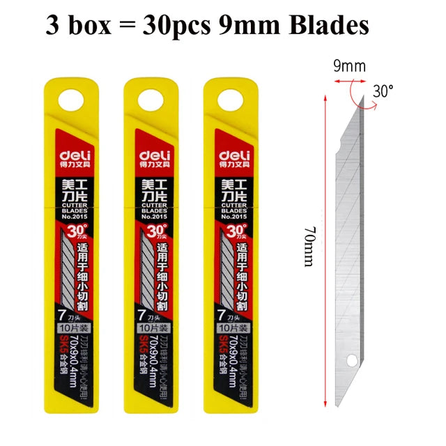 Deli Retractable Box Cutter 9mm 30 Degree Blade Utility Knife Carbon Steel Self-Locking Design Cutting Tools Wallpaper Carton