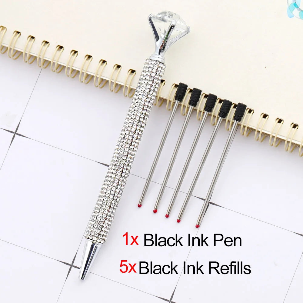 Lytwtw's Luxury Gold Ballpoint Pen Big Diamond Wedding Rose,Metal Stationery School Supplies  1 PCS Pen +5 PCS Refills