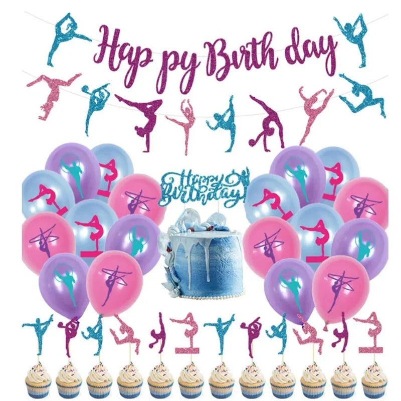 Gymnastics Theme Birthday Party Decoration Balloons Happy Birthday Banner Cake Topper Set Girl Sports Party Decoration Supplies