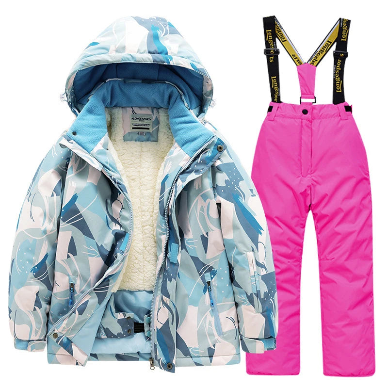 Children's skiing suit for boys and girls, thick, warm, waterproof, windproof outdoor skiing clothes and pants, all equipped