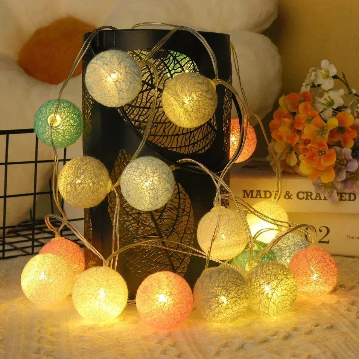 Premium 20LED Cotton Ball String Lights - Rattan Lantern Decoration