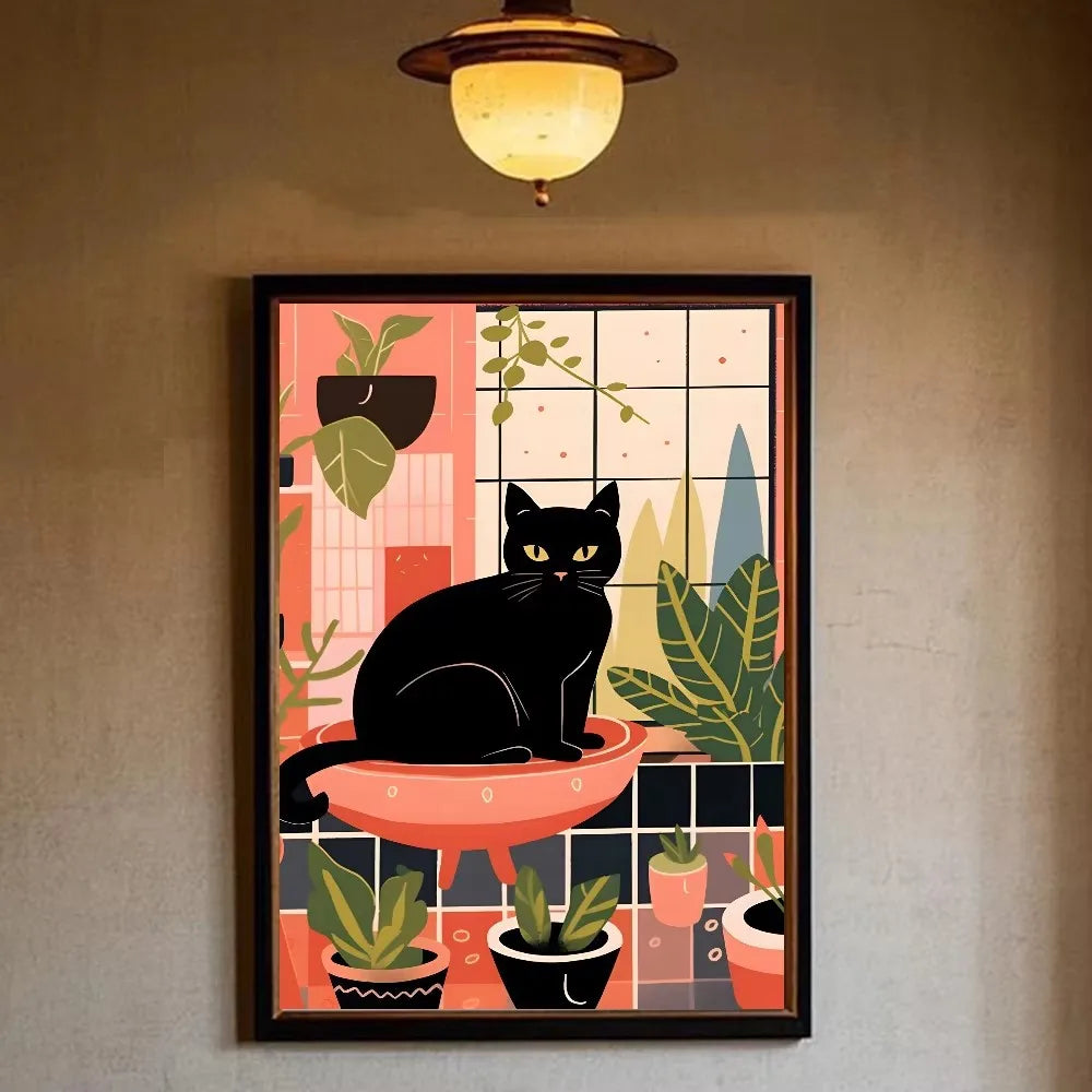 Funny Black Cat Reading Newspapers on The Toilet Canvas Print Green Pink  Animal Wall Art Poster for Modern Bathroom Home Decor