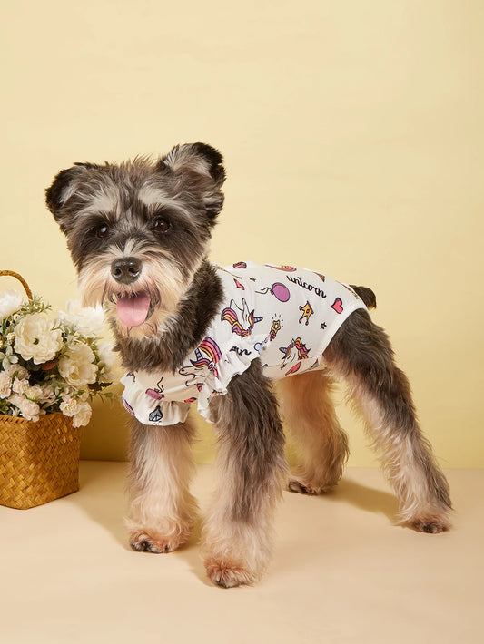 Dog Pjs Spring Summer Dog Clothes Hem Ruffle for Small Dogs Girl Boy , Cute Pattern Puppy Clothes Doggie Onesies Cat Pet